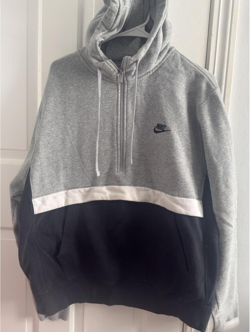 Nike Men's Gray Quarter Zip Hoodie with Black and White Color Blocking, New w/o